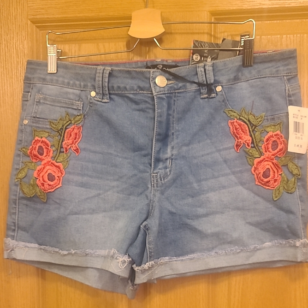 one 5 one Blue Jean Shorts with Red Floral Embroidery